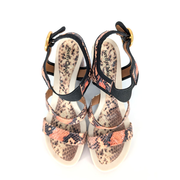 See by Chloé Snakeskin Effect Block Heel Platform Leather Sandal 39 Luxury Glam - Picture 9 of 13